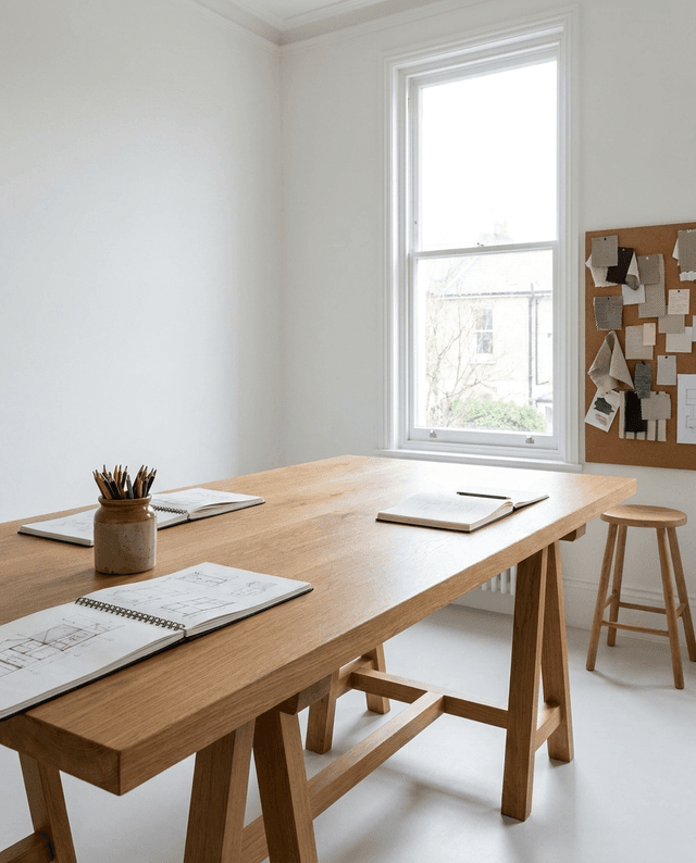 Solid European oak desk top in a bright creative studio
