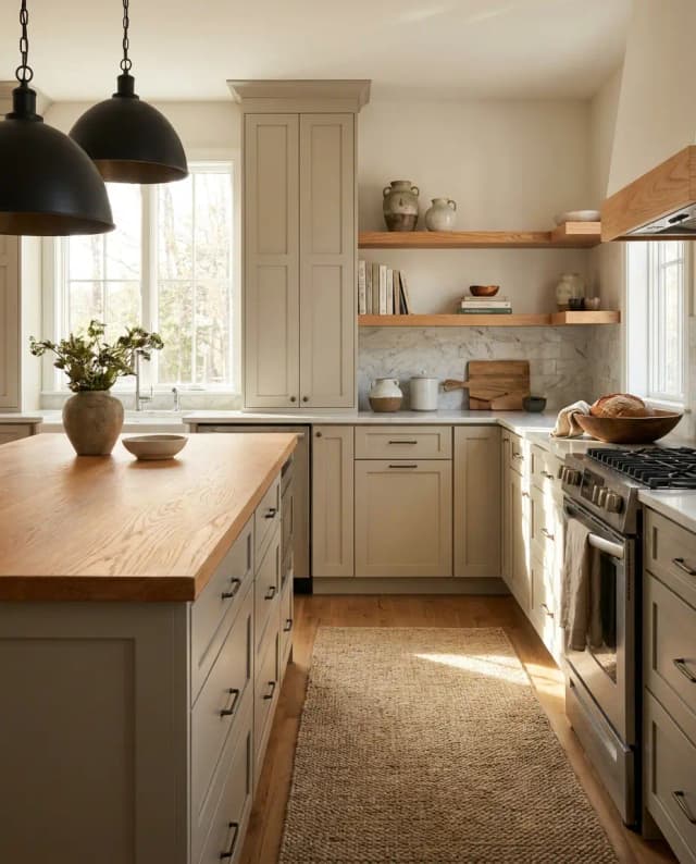 Red Oak countertop — a transitional kitchen, island top with matching floating shelves