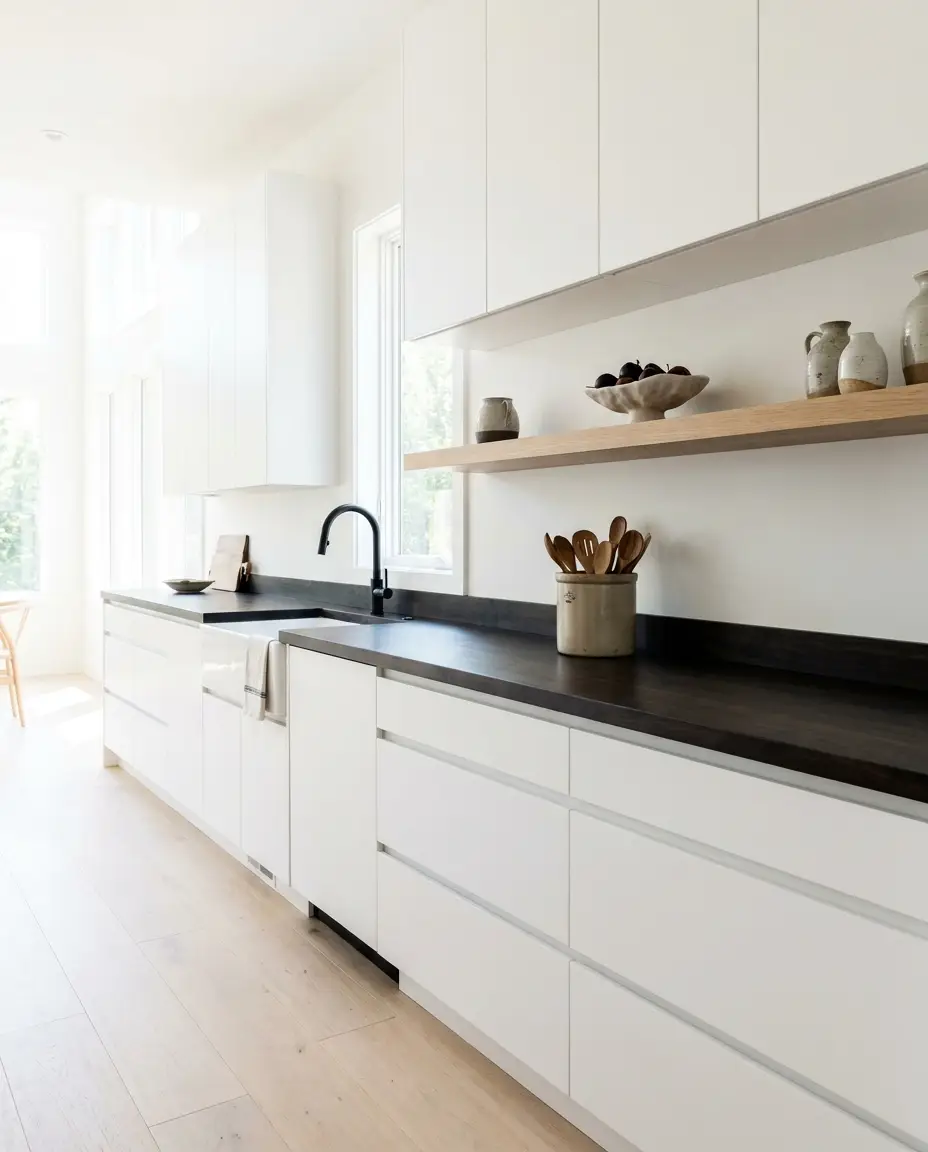 Maple countertop — a crisp white kitchen, ebony stain