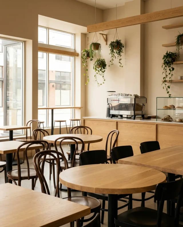 White Oak tabletop — a bright modern cafe