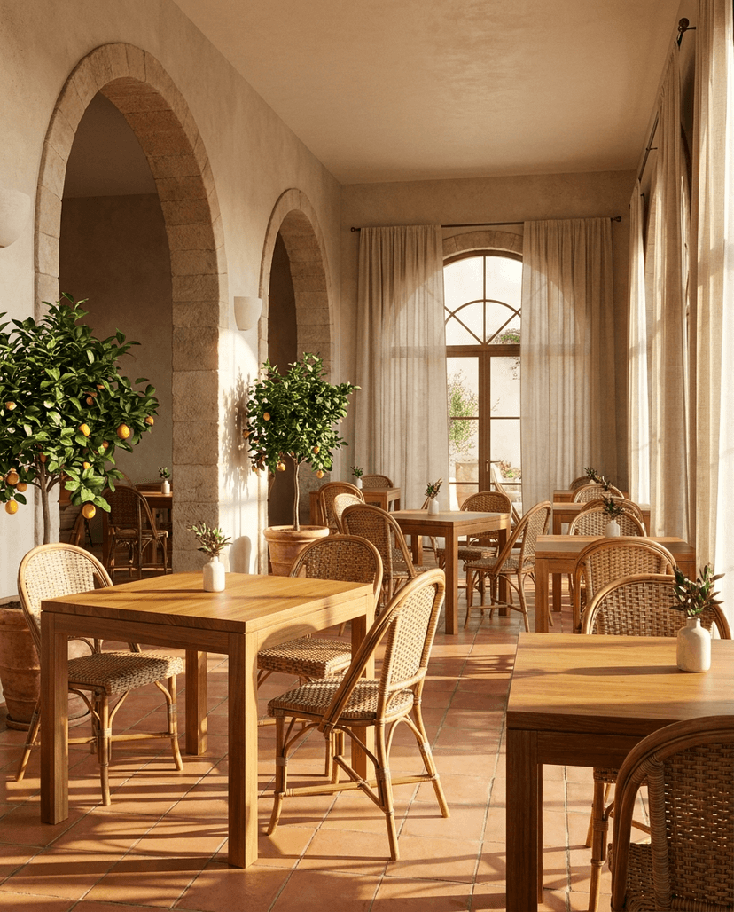 Solid iroko tabletop, edge grain — a Mediterranean-style cafe