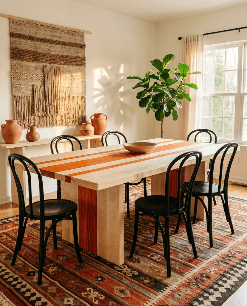 Solid maple + padauk dining table, face grain — a vibrant eclectic dining room — striped plank top