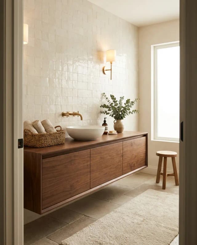 Walnut edge grain butcher block countertop — a spa-like bathroom vanity