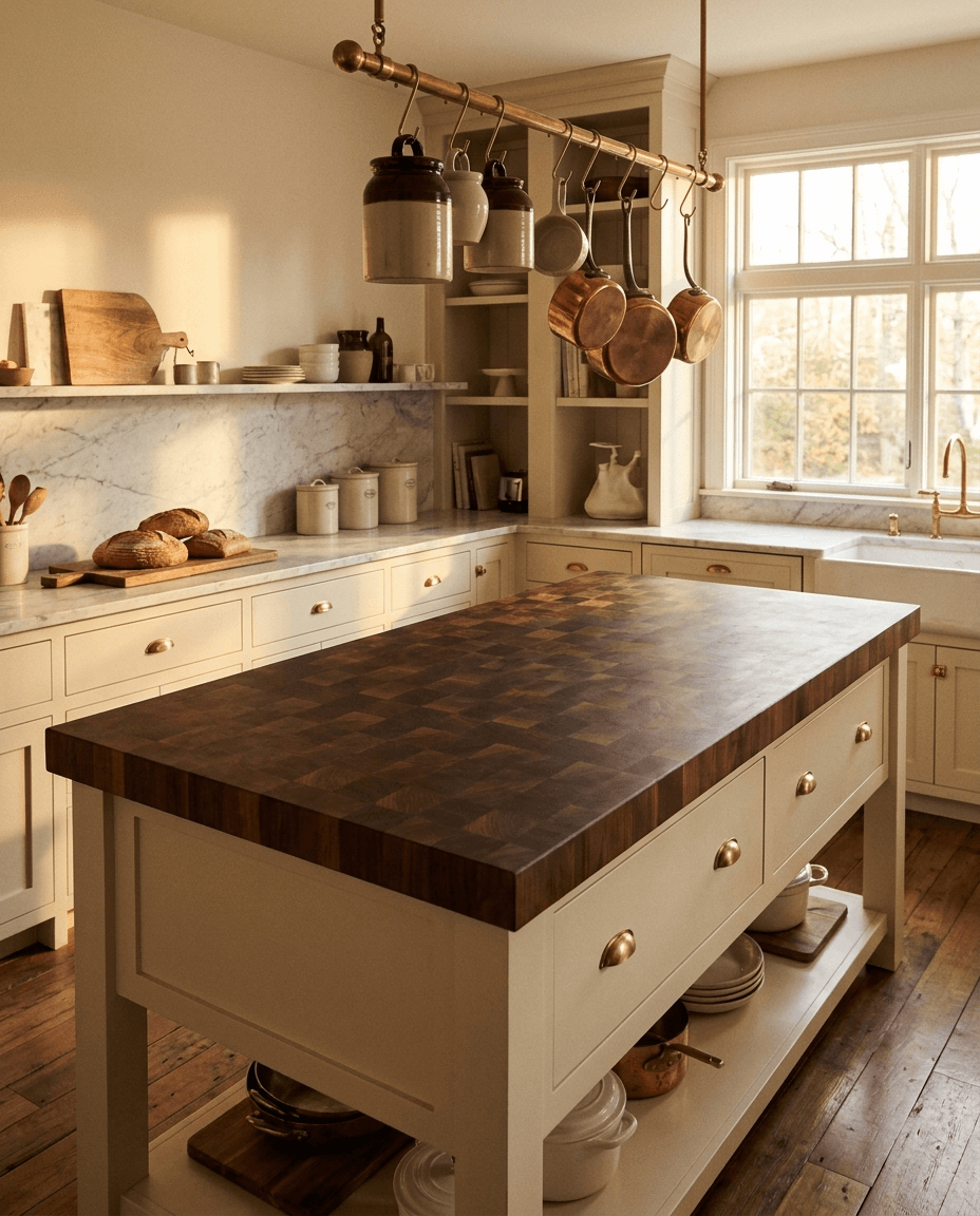 End grain walnut chopping-block countertop on a traditional kitchen island.