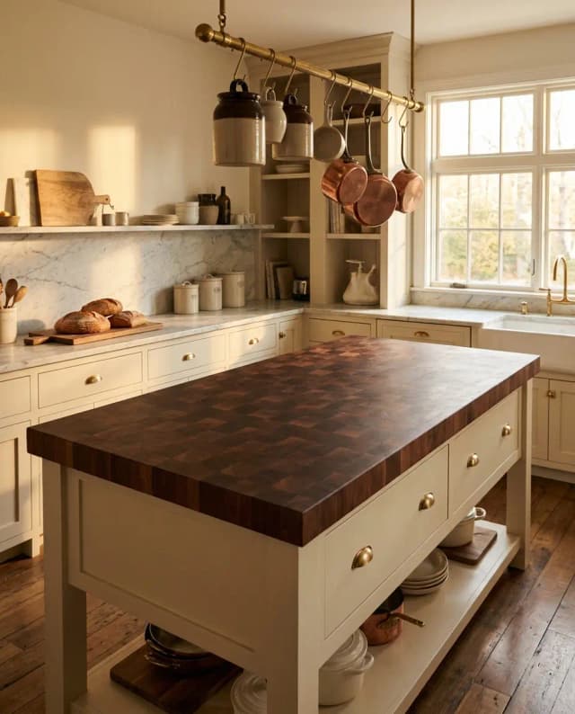 Walnut end grain butcher block countertop — a warm traditional kitchen island