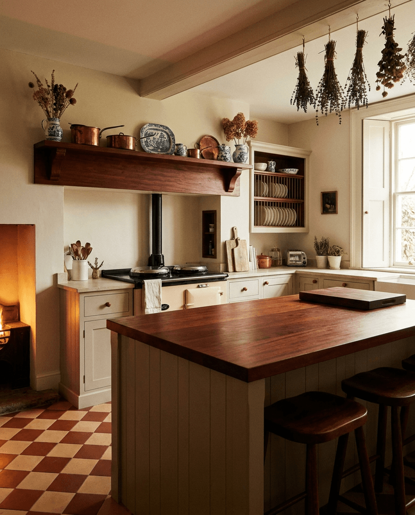 Solid mahogany countertop, face grain — an English-country kitchen, island with matching shelf