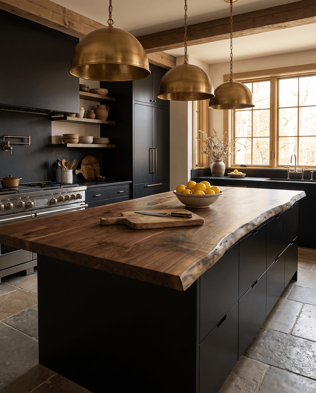 Walnut live edge countertop island in a moody chef’s kitchen with brass pendants.