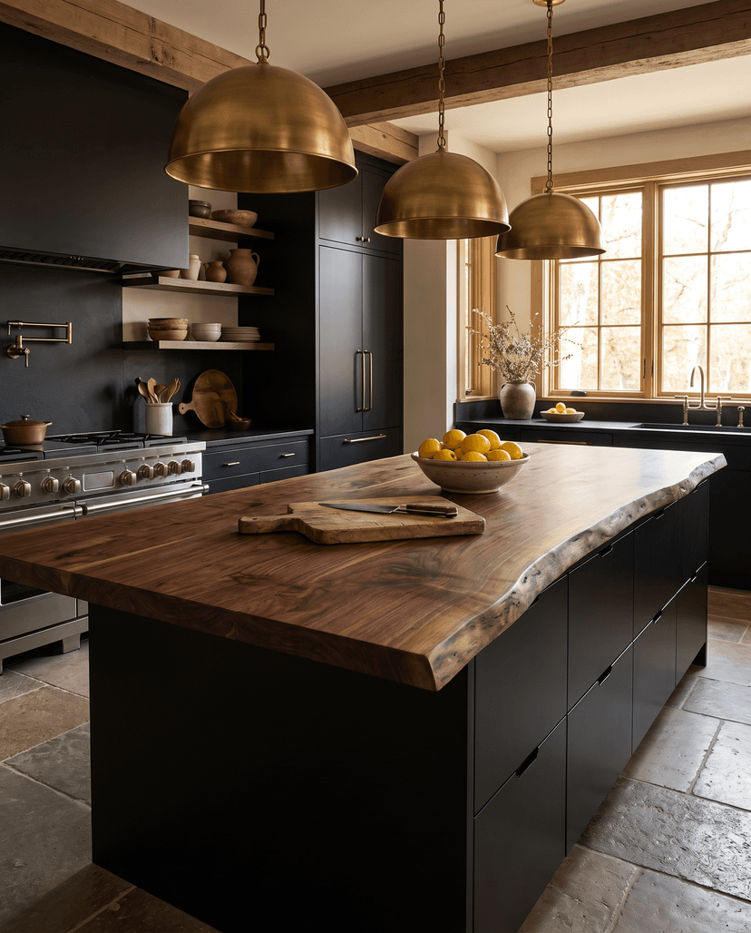 Solid walnut countertop, live edge — a moody chef's kitchen island