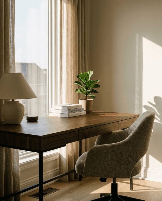 Solid walnut face-grain desk top in a sunlit home office