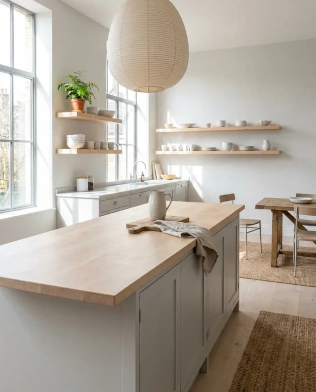 Maple countertop — a Scandinavian kitchen, island top with matching floating shelves