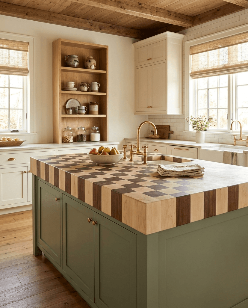 Solid maple + walnut countertop, edge grain — a farmhouse kitchen, two-tone island top