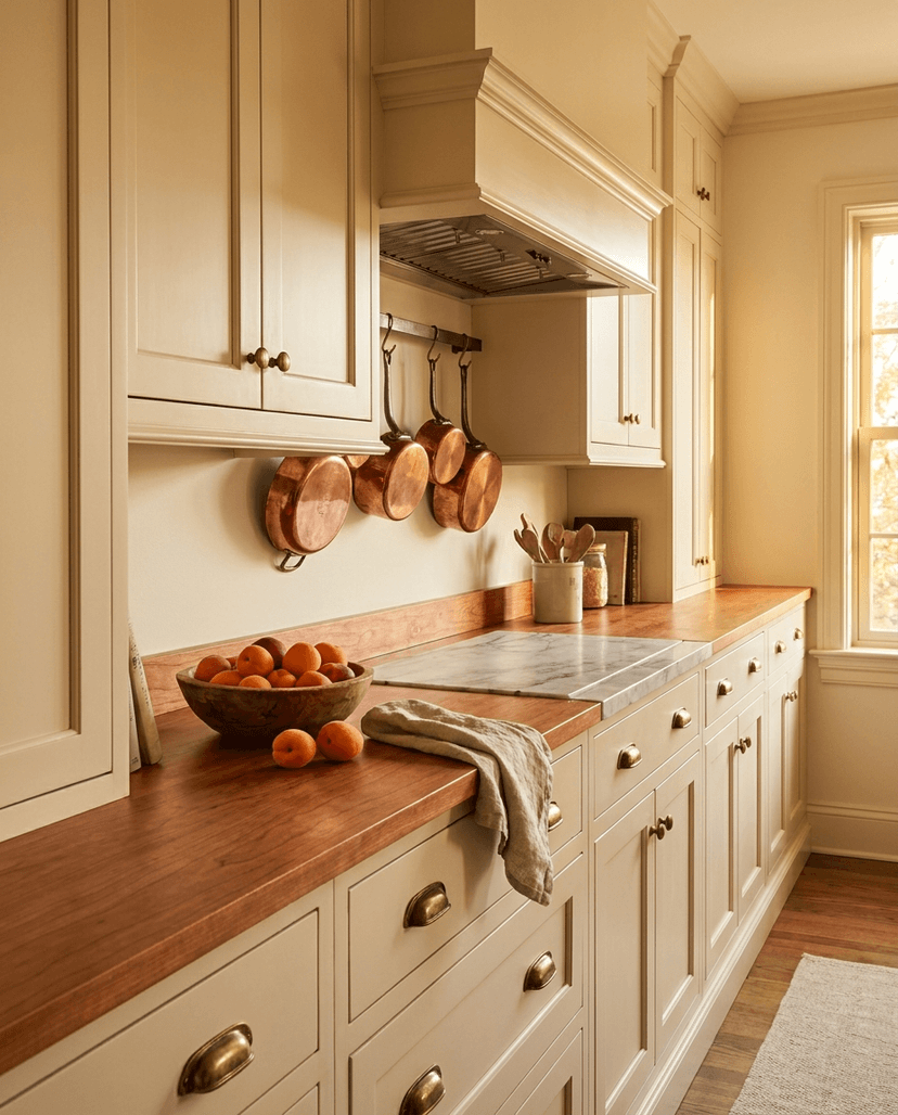 Solid cherry countertop, edge grain — a cream traditional kitchen