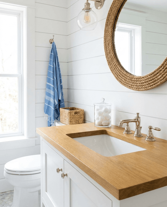 Edge-grain white oak vanity top with an undermount sink in a fresh coastal bathroom