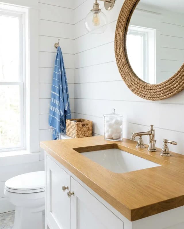 White Oak countertop — a fresh coastal bathroom vanity