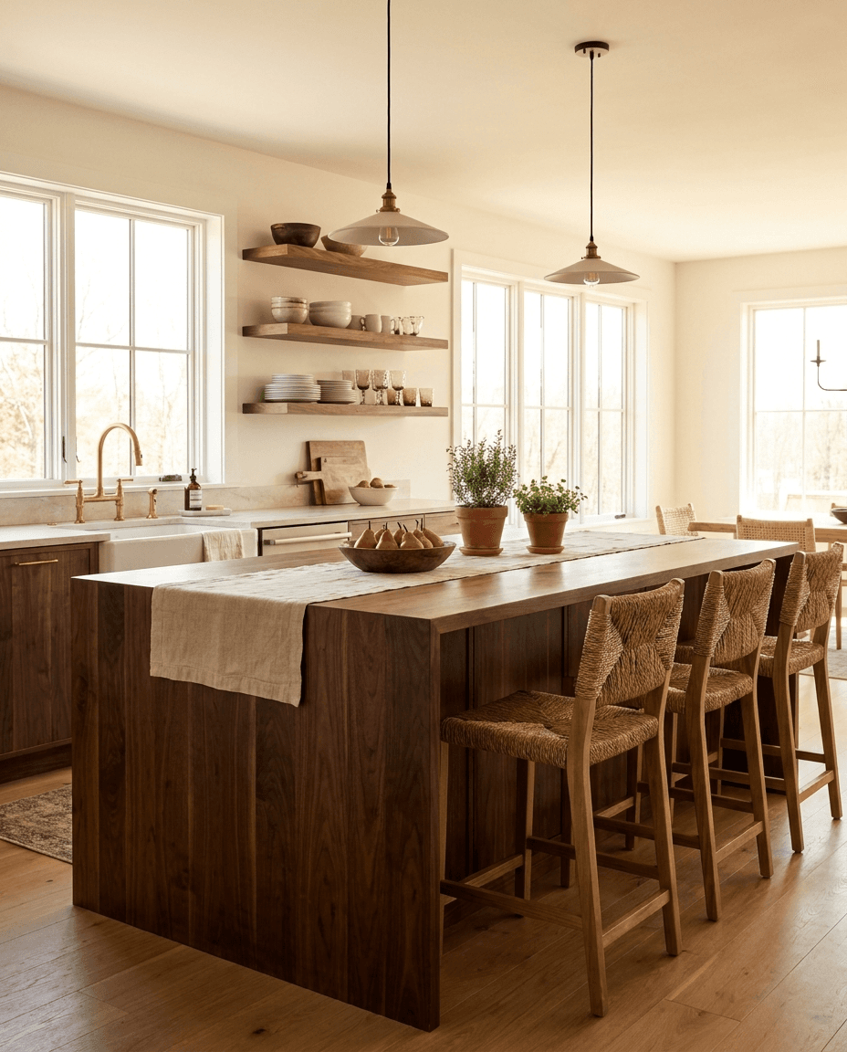 Face grain walnut island countertop with matching floating shelves in a modern farmhouse kitchen.