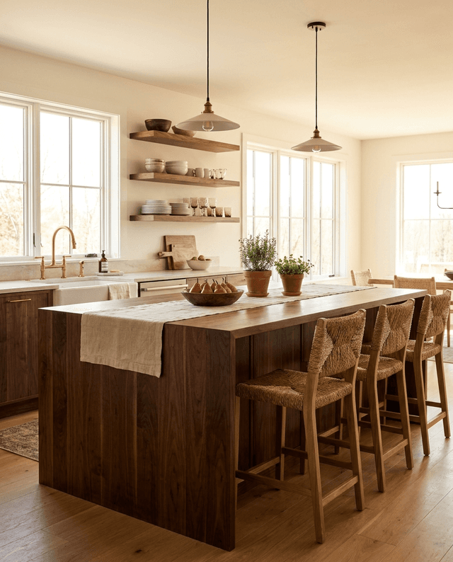 Solid walnut face-grain island top with matching floating shelves in a modern farmhouse kitchen