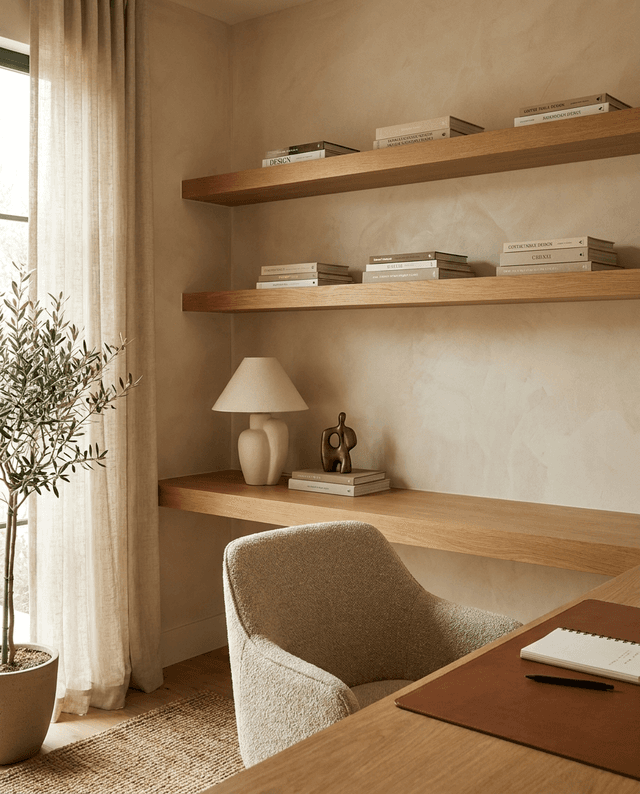 White oak floating shelves above a matching white oak desk in a home office