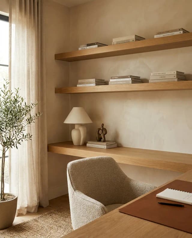 White Oak floating shelves — a home office, shelves over a matching desk