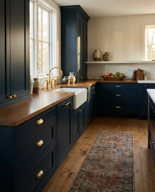 White Oak countertop — a deep navy kitchen, medium walnut stain