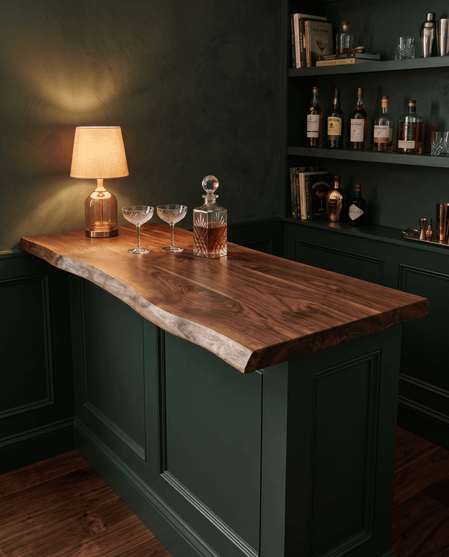 Live-edge walnut bar top in a hunter-green home bar