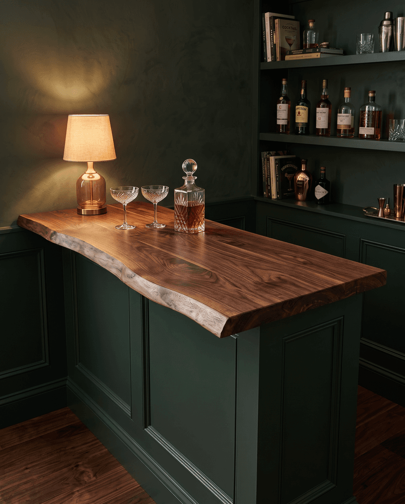Solid walnut countertop, live edge — a hunter-green home bar
