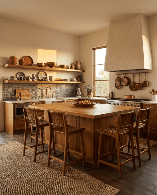 Solid iroko face-grain island top with matching floating shelves in a global-modern kitchen