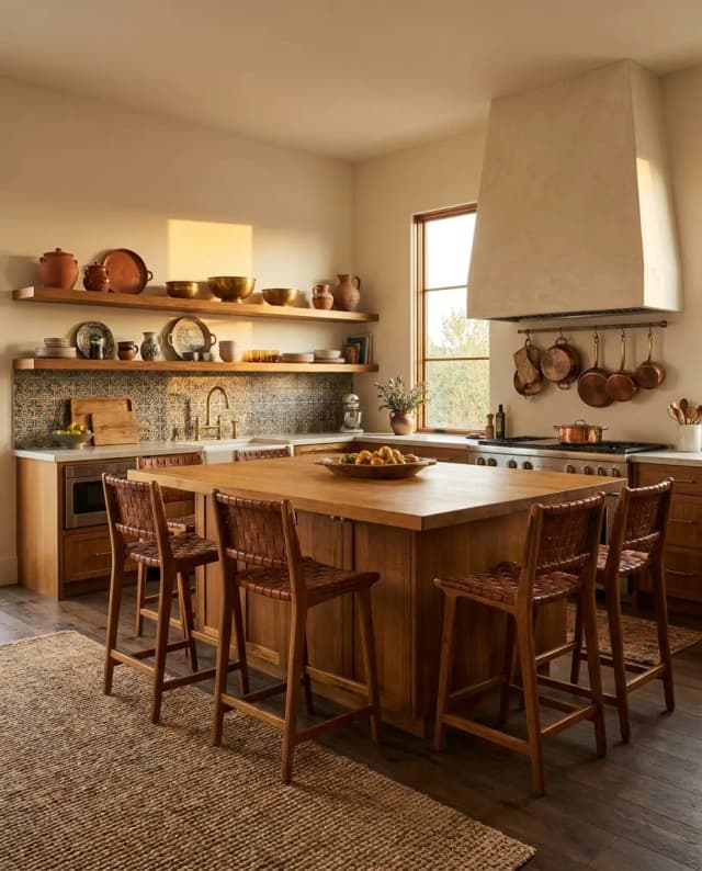 Iroko countertop — a global-modern kitchen, island with matching shelves