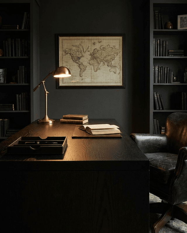 Solid black oak desk top in a moody study lined with books