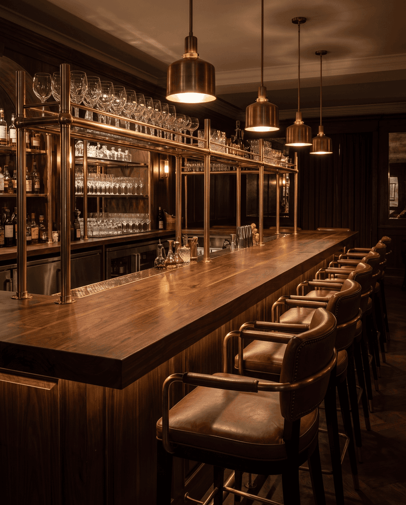 Solid walnut countertop, edge grain — a brass-railed restaurant bar