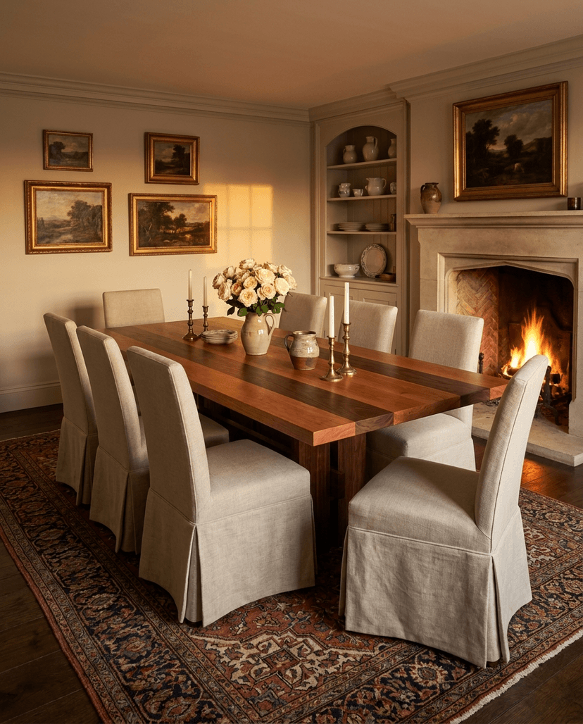 Solid cherry + walnut dining table, face grain — a cozy traditional dining room — striped plank top