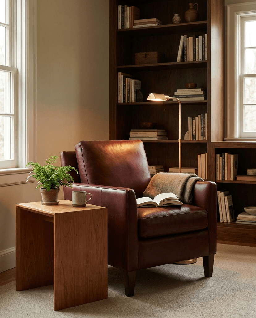 Solid cherry tabletop, face grain — a warm reading corner