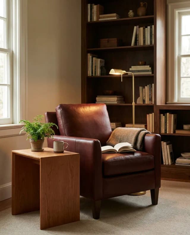 Cherry tabletop — a warm reading corner