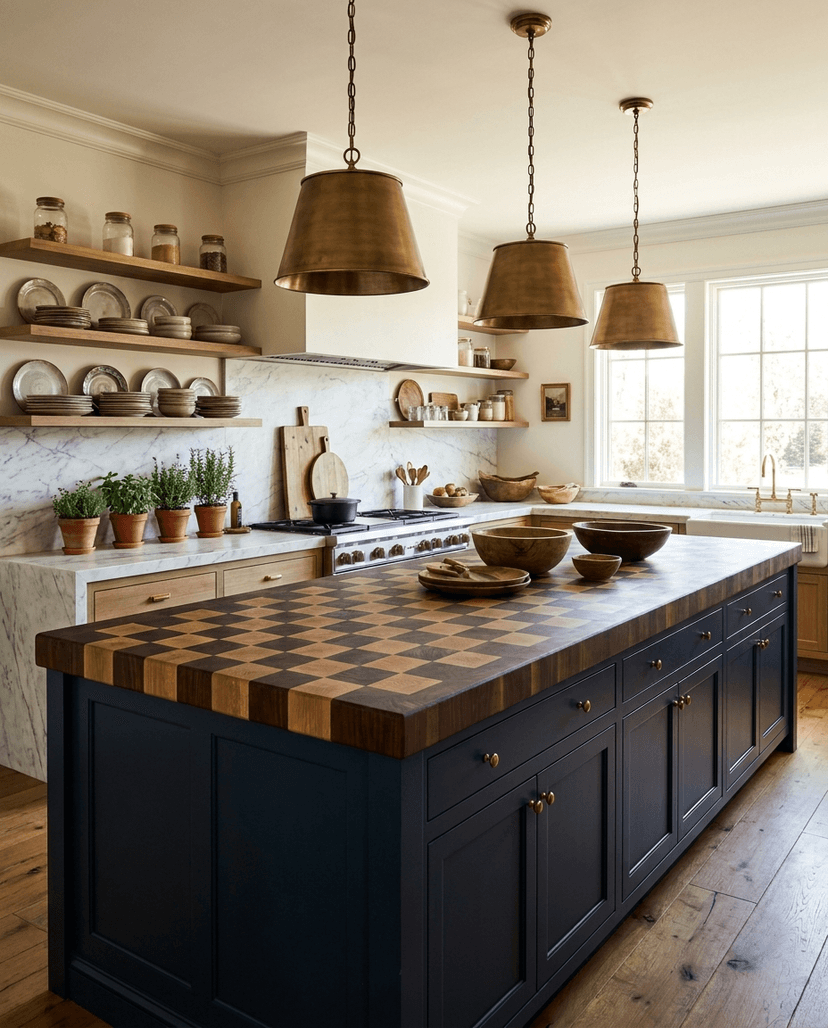 Solid walnut + white oak countertop, end grain — a stately kitchen, two-tone island top