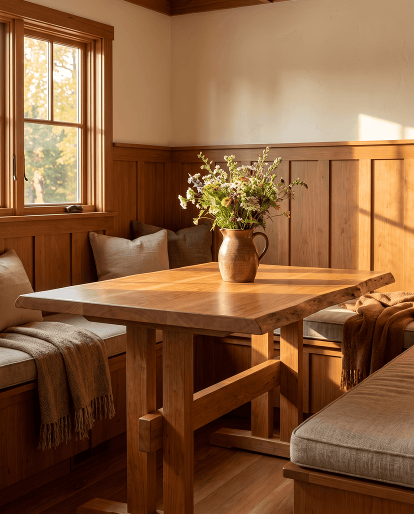 Solid cherry tabletop, live edge — a craftsman dining nook