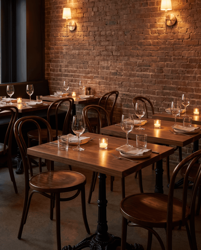 Solid walnut tabletop, edge grain — a candlelit brick bistro