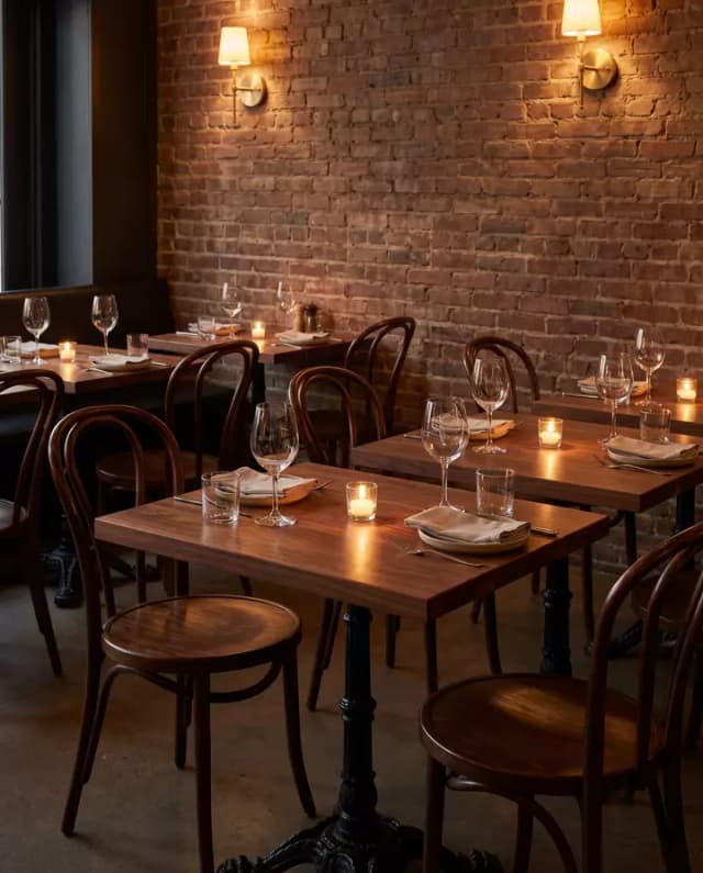 Walnut table tops — a candlelit brick bistro