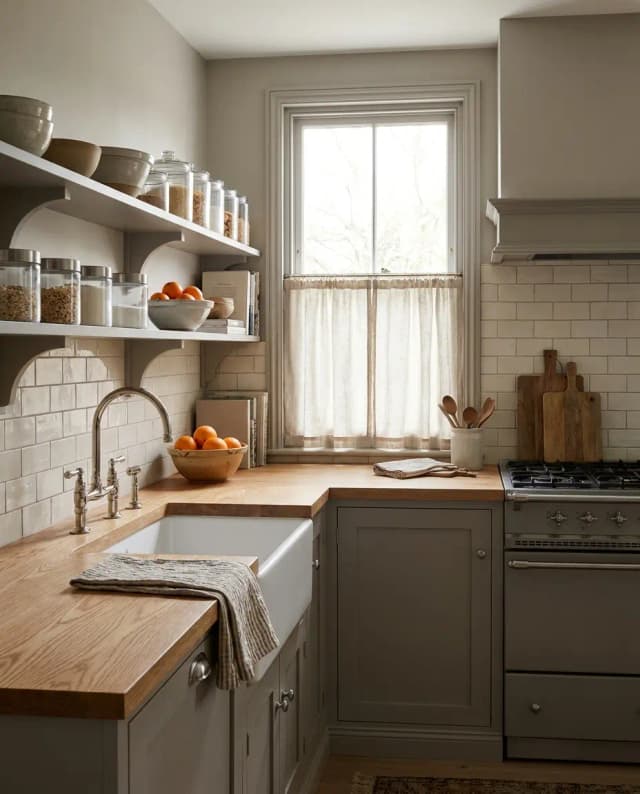 Red Oak countertop — a warm grey transitional kitchen