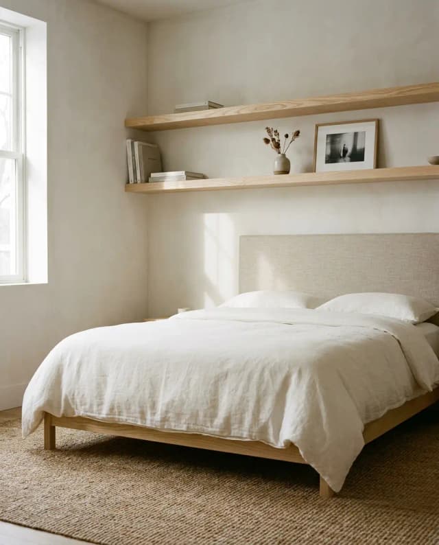 Ash floating shelves — a calm Scandinavian bedroom