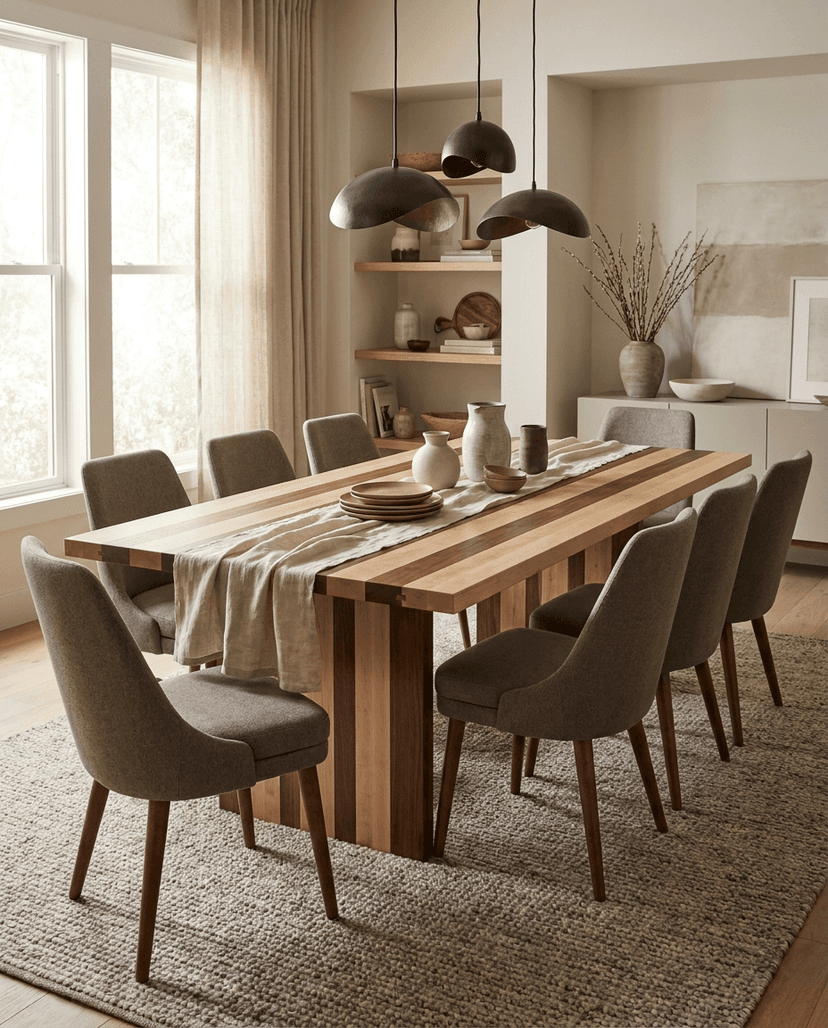 Solid maple + walnut dining table, face grain — a warm contemporary dining room — striped plank top