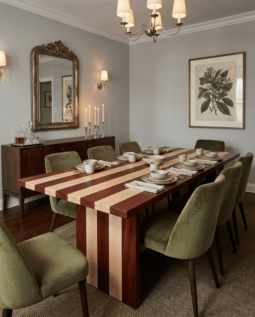 Solid mahogany + maple dining table, face grain — an elegant dining room — striped plank top