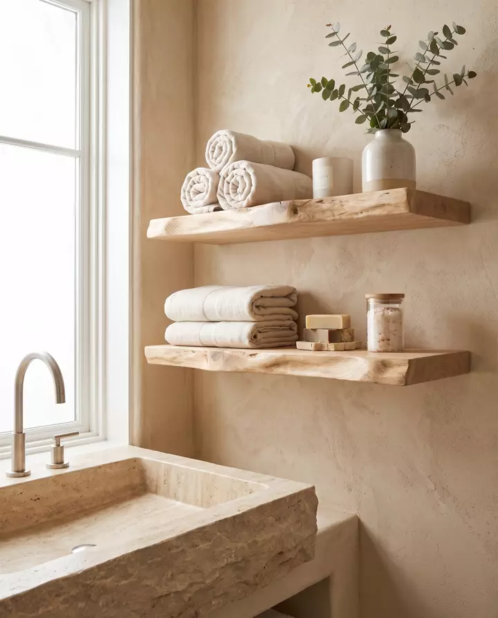 White Oak shelf — a coastal stone bathroom
