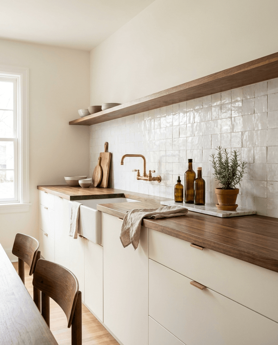 Edge grain walnut butcher block countertop in a warm white galley kitchen.