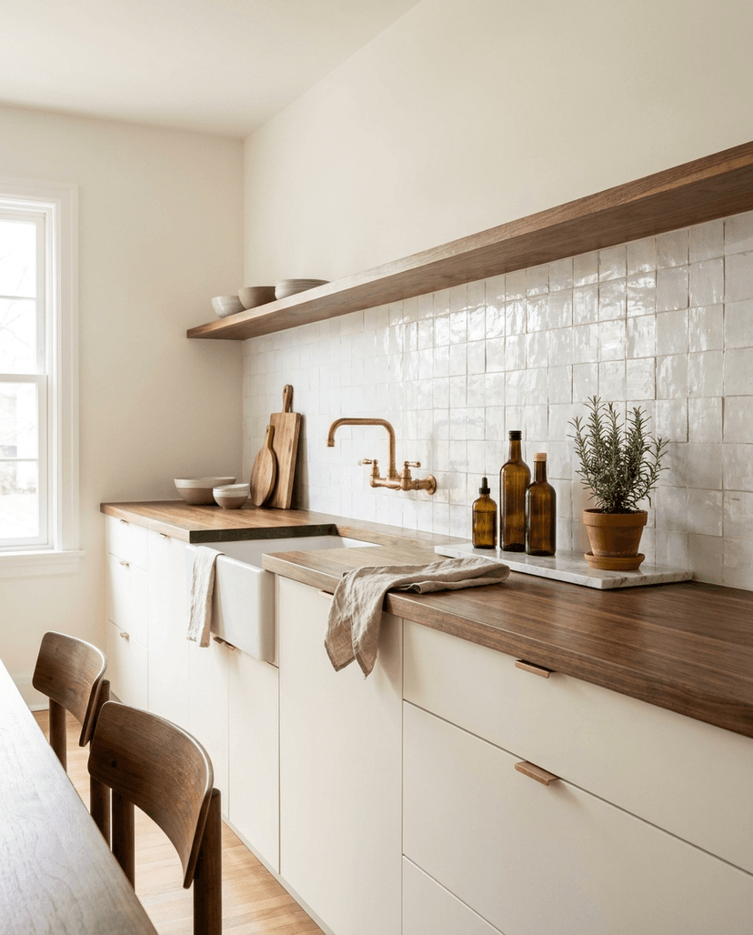 Solid walnut countertop, edge grain — a warm white galley kitchen