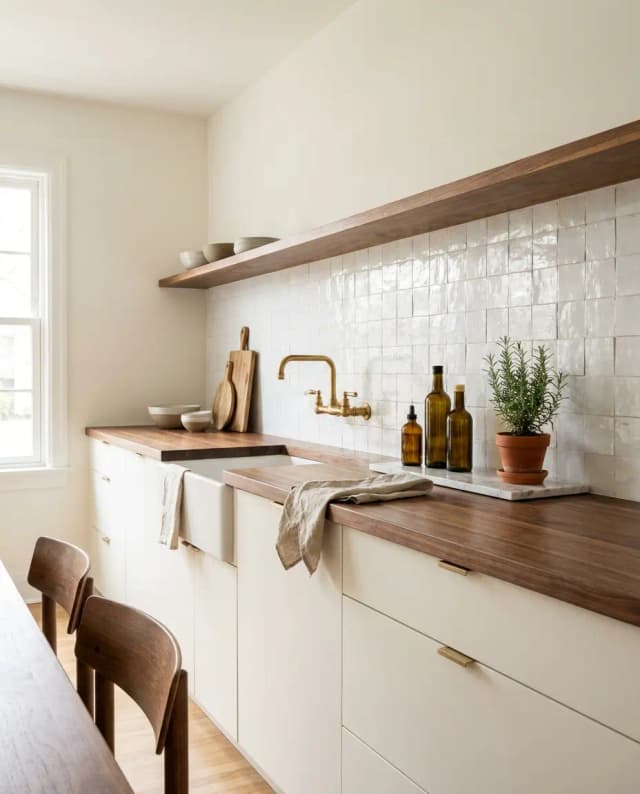 Walnut edge grain butcher block countertop — a warm white galley kitchen