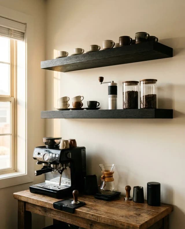Black Oak floating shelves — a home coffee corner