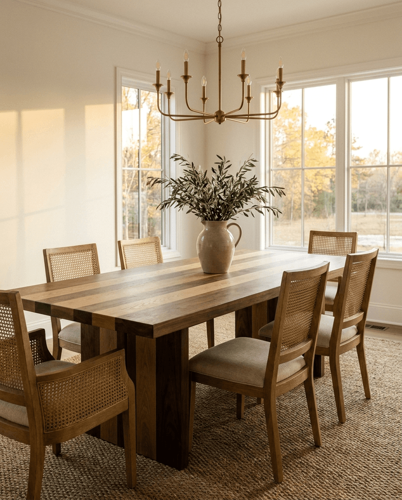 Solid walnut + white oak dining table, face grain — a refined transitional dining room — striped plank top
