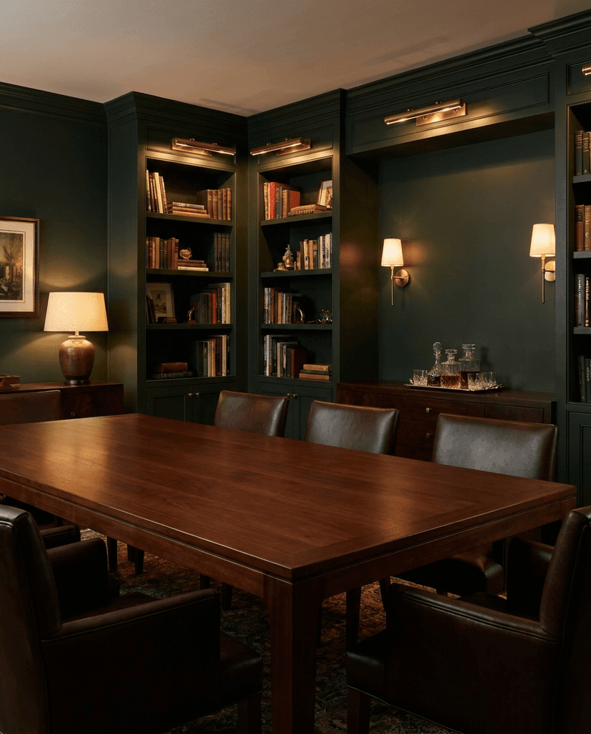 Solid mahogany dining table, edge grain — a library-style dining room