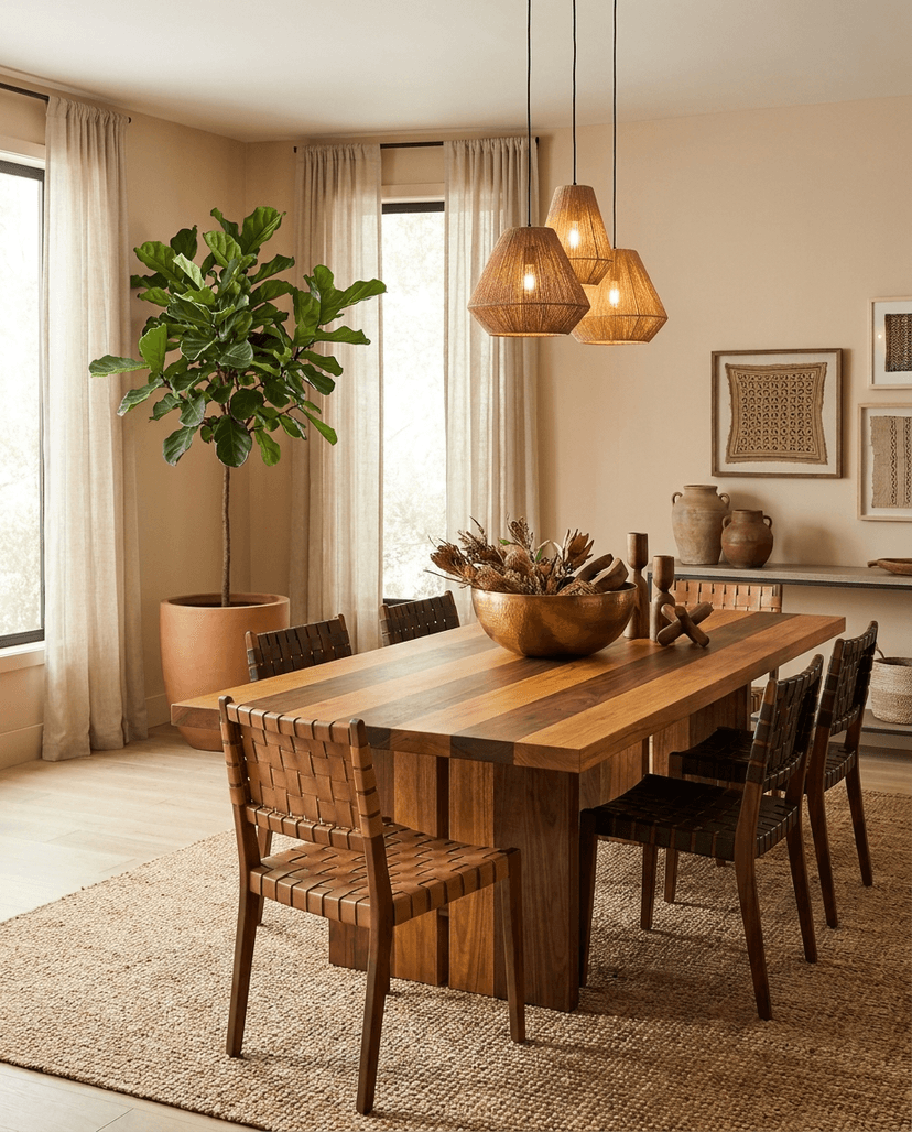 Solid iroko + walnut dining table, edge grain — a worldly modern dining room