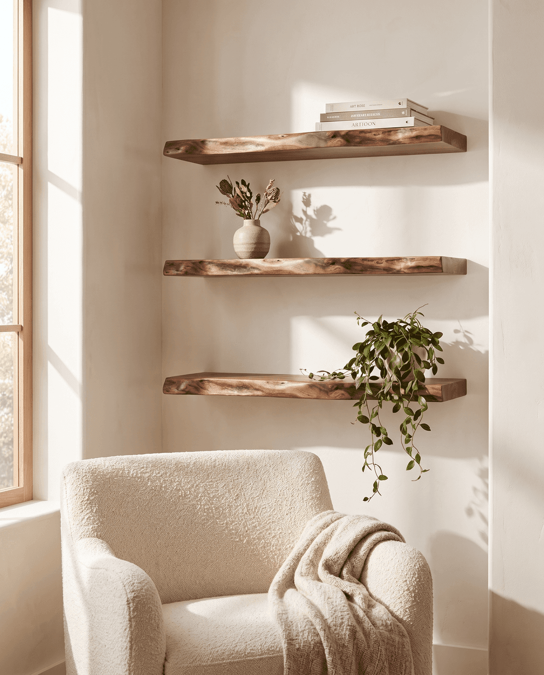Walnut live edge floating shelves styled in a sunlit reading corner