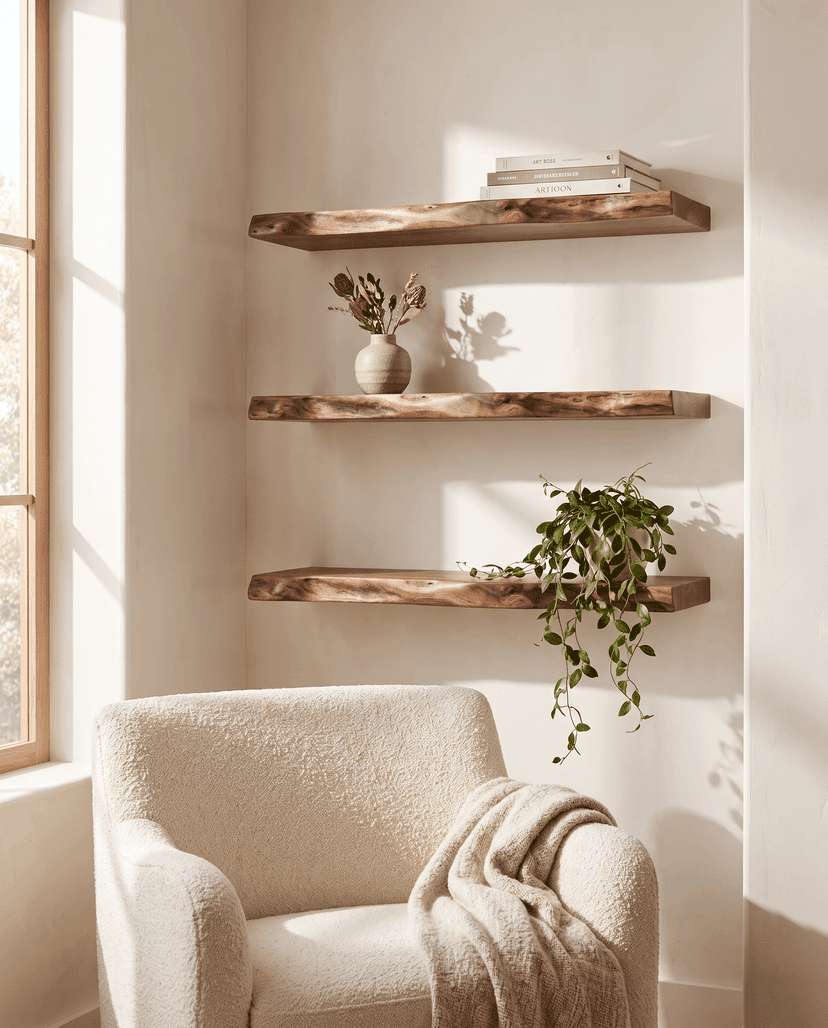 Solid walnut shelf, live edge — a sunlit reading corner